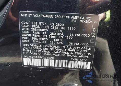 2024 Volkswagen Atlas Cross Sport 2.0T Se W/Technology z USA, uszkodzony, nr VIN 1V2KE2CA1RC231820